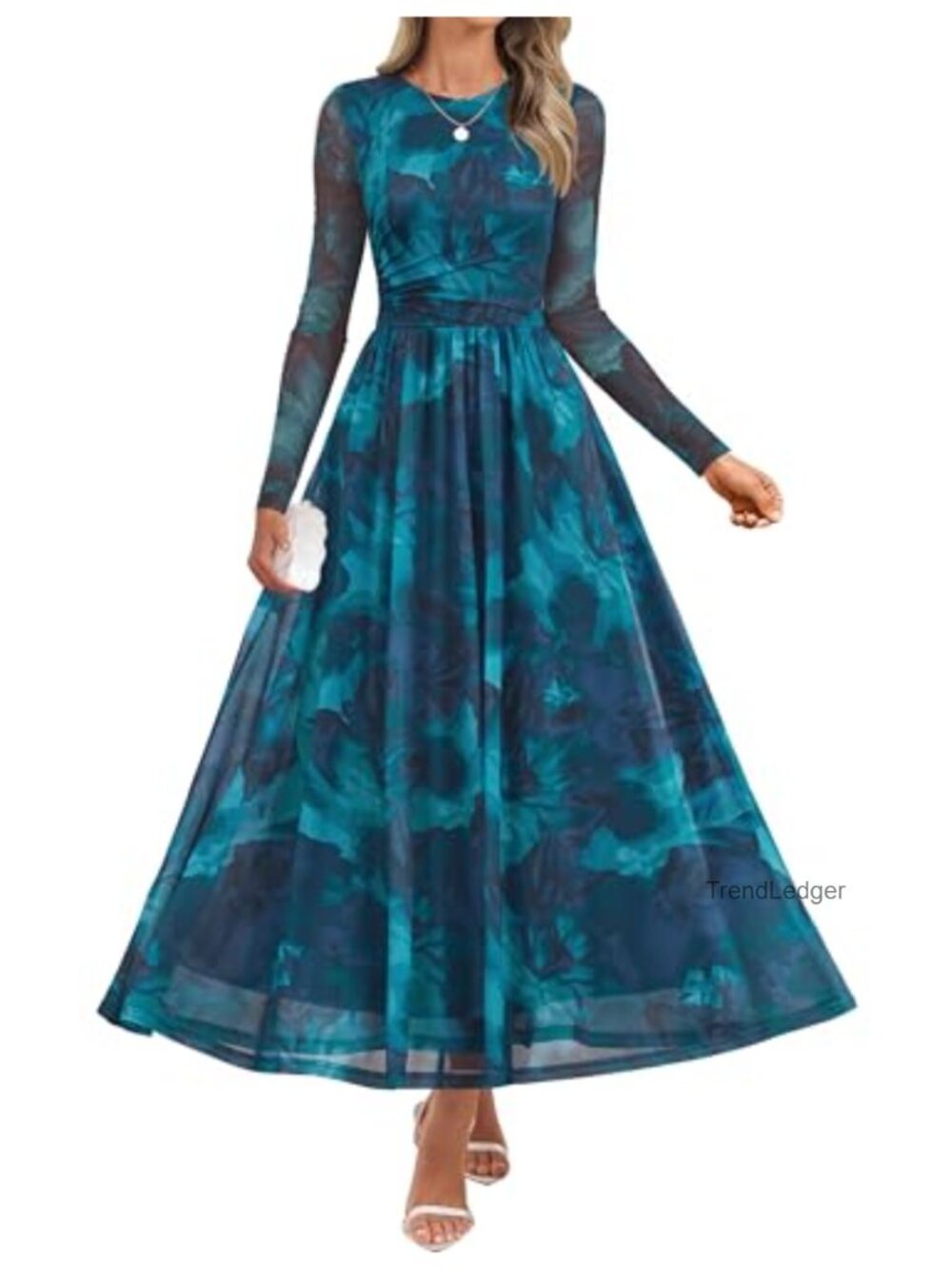 Women's Long Sleeve Maxi Dress Mesh Ruched Wedding Guest A-Line